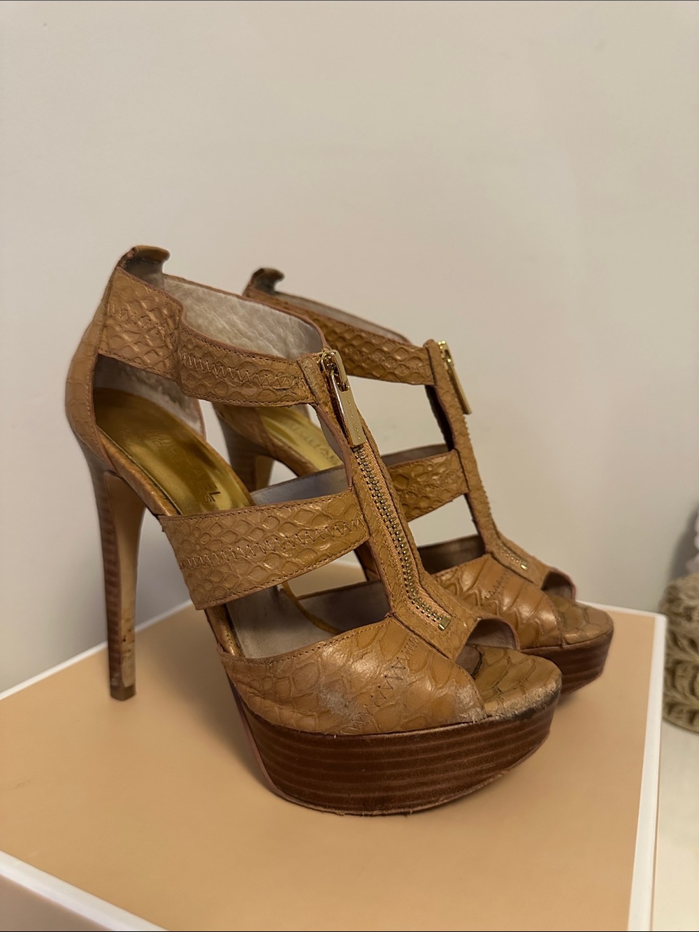 Michael Kors Tan Platform Zip-Strap Sandals - Picture 2 of 4
